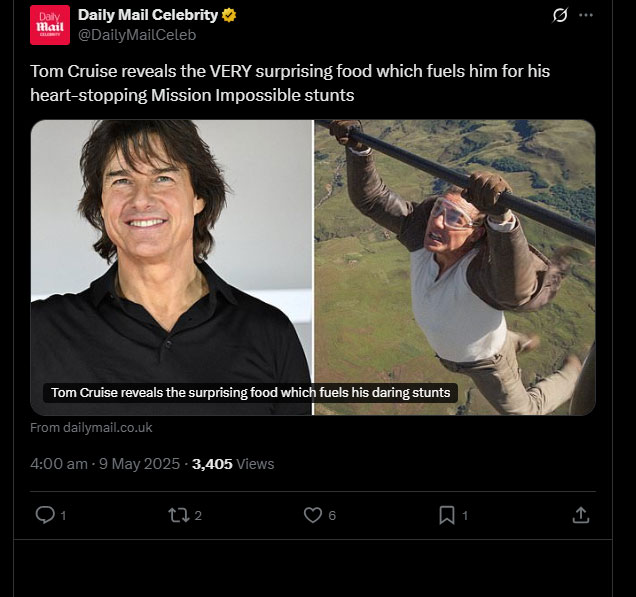 Tom Cruise: Αποκαλύπτει για την διατροφή της – «Τρώω σχεδόν 12 αυγά πριν τα stunts»