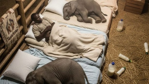 Τα ορφανά ελεφαντάκια του Ναϊρόμπι κοιμούνται με τους φροντιστές τους