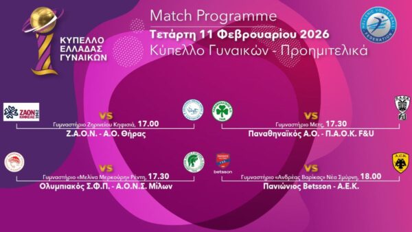 Κύπελλο γυναικών: Το πρόγραμμα και οι διαιτητές των προημιτελικών