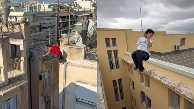 Γάλλος αθλητής του παρκούρ γίνεται viral με τρομακτικά άλματα σε ταράτσες της Αθήνας