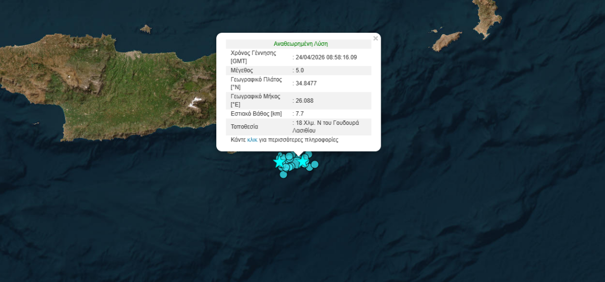Νέος σεισμός 5 Ρίχτερ ανοιχτά του Λασιθίου