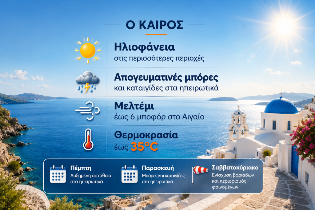 Καιρός: Επιμένει η αστάθεια στα ηπειρωτικά – Μελτέμι στο Αιγαίο και άνοδος της θερμοκρασίας  – Πρόγνωση από την Α. Τυράσκη
